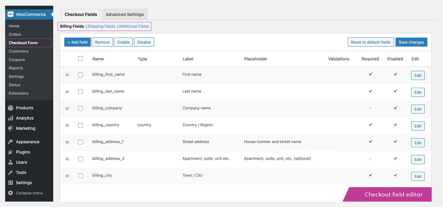 plugin Checkout Field Editor (Checkout Manager) for WooCommerce