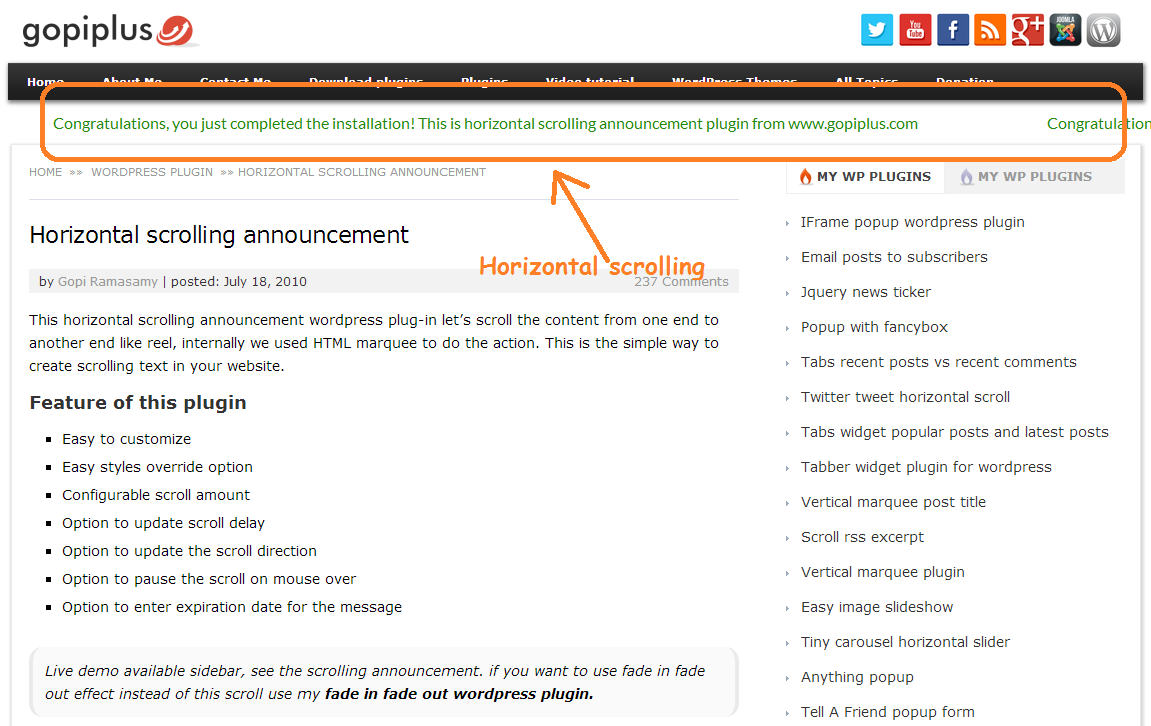 Horizontal scrolling announcements