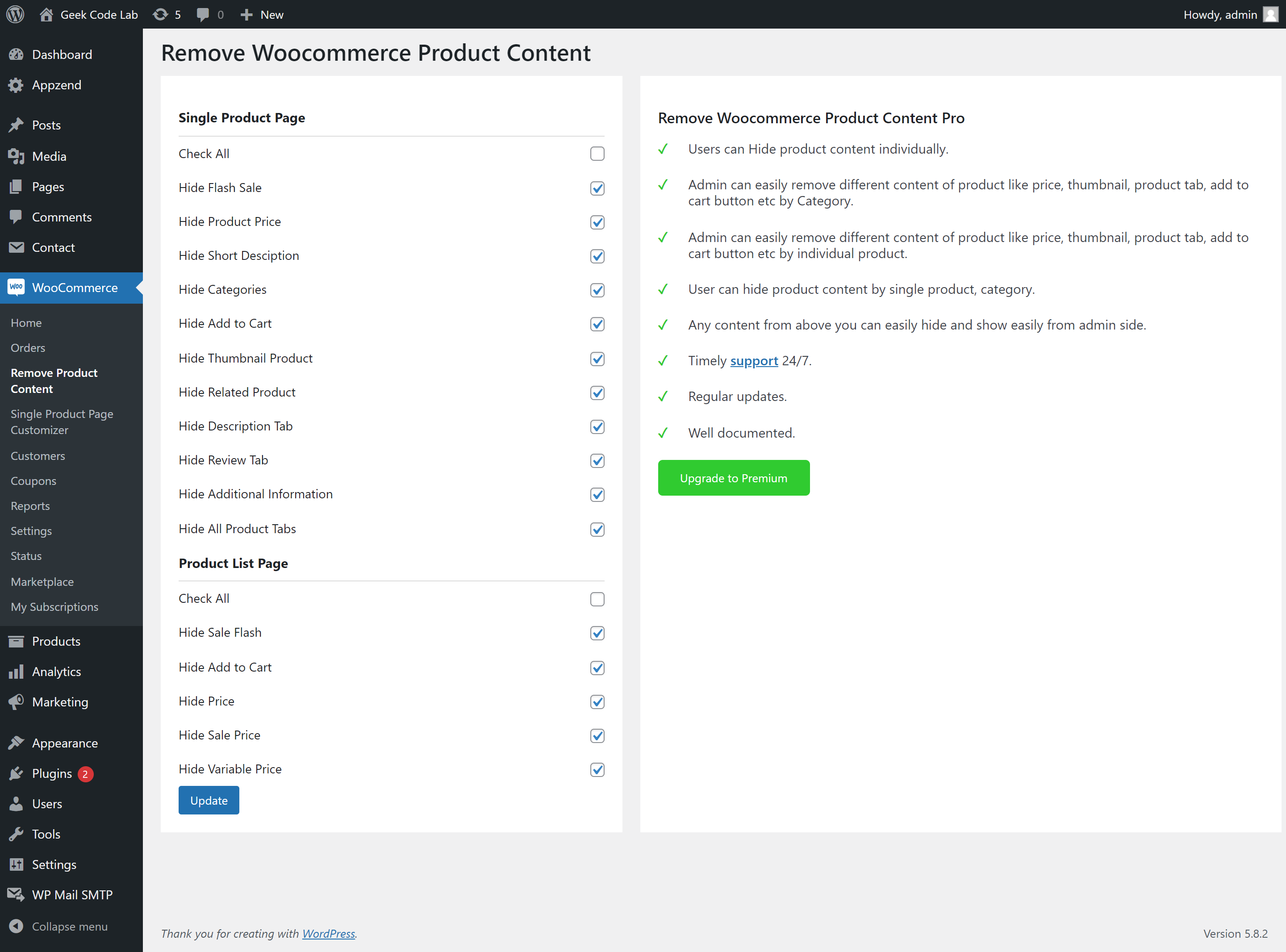 Remove Woocommerce Product Content Plugin
